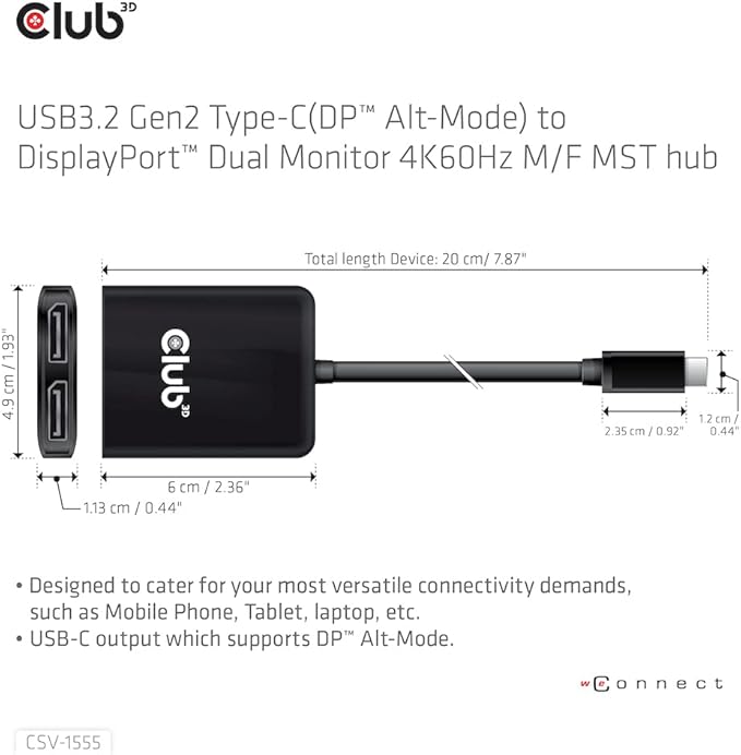 Club 3D CSV-1555 USB3.2 Gen2 Type-C(DP Alt-Mode) to DisplayPort Dual Monitor 4K60Hz M/F MST hub