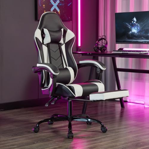 extrasleep Video Game Chairs with Footrest Ergonomic Gaming Chair for Adults with Massage Lumbar Support Adjustable Backrest Computer Gaming Chair Leather Desk Chair Black White