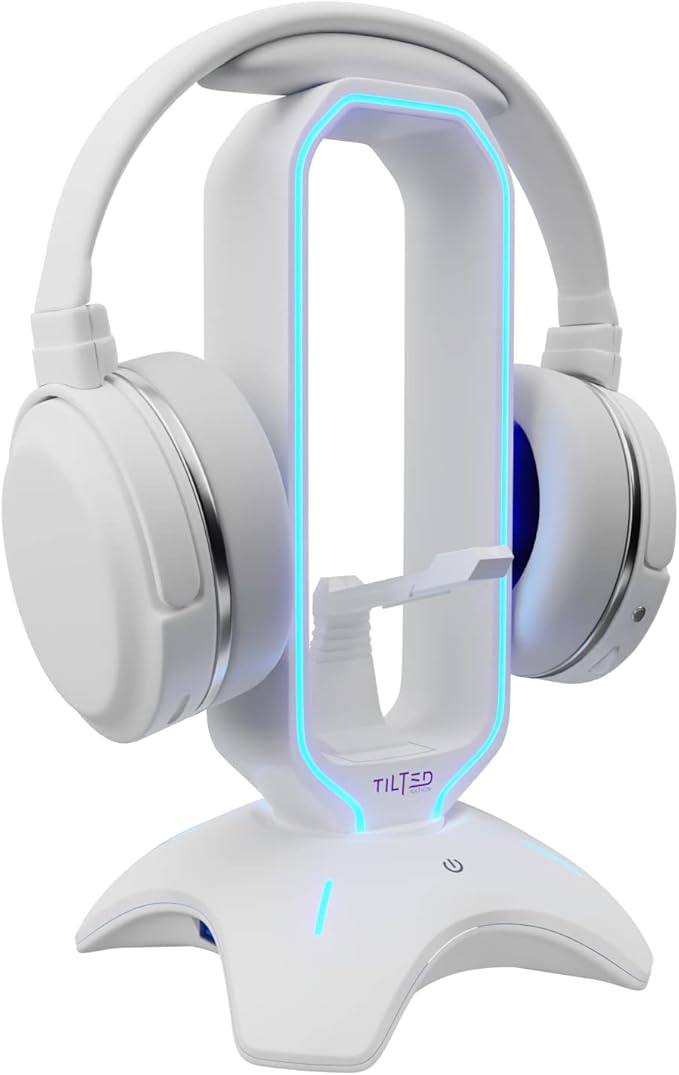 Tilted Nation Gaming Headphone Stand | RGB Headset Stand White | Headset Holder for Desk with Mouse Bungee and USB Hub | The Ultimate Gaming Accessories for Gamers for PS5 Xbox PC - White