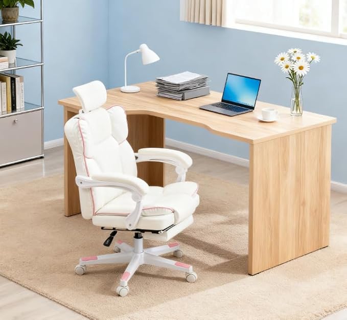 Modern Gaming Office Chair with Recliner &amp Footrest - Ergonomic High-Back PU Leather Chair (300lbs Capacity White)
