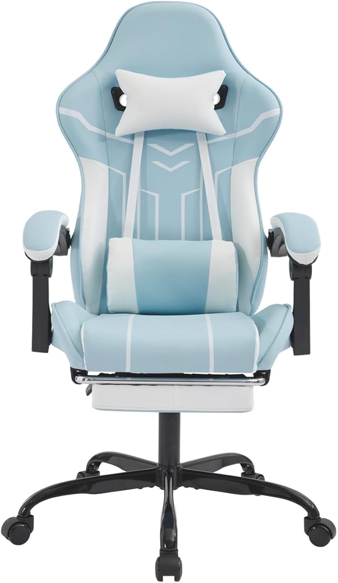 Cute Gaming Chair with Cat Paw Lumbar Cushion and Cat Ears Kawaii Pink Computer Chair with Footrest Ergonomic PC Video Anime Gaming Chairs Recliner for Kids Girls Teens (Blue+White)
