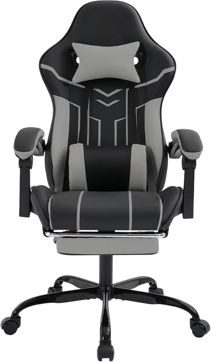 Gaming Chair with Headrest and Lumbar Support High Back Computer Office Desk Chair with Footrest 360° Swivel Height Adjustable Recliner Game Chair (Gray Black)