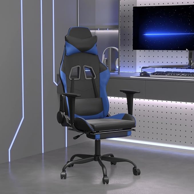 Massage Gaming Chair with Footrest Black &amp Blue Faux Leather Ergonomic Reclining Computer Desk Chair with Lumbar Support for Home Office