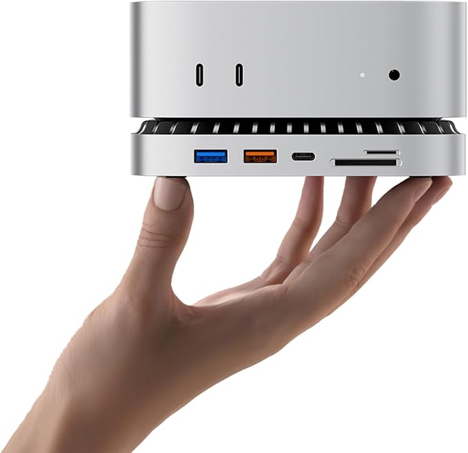 Mac mini M4 Dock Aluminum Mac mini Stand and HDMI Hub for Mac mini M4 and M4 Pro 2024 with M.2 NVMe/SATA SSD Enclosure 4K60Hz HDMI10G USB A/C 5G USB A*2 USB-C Charge SD/TF Audio