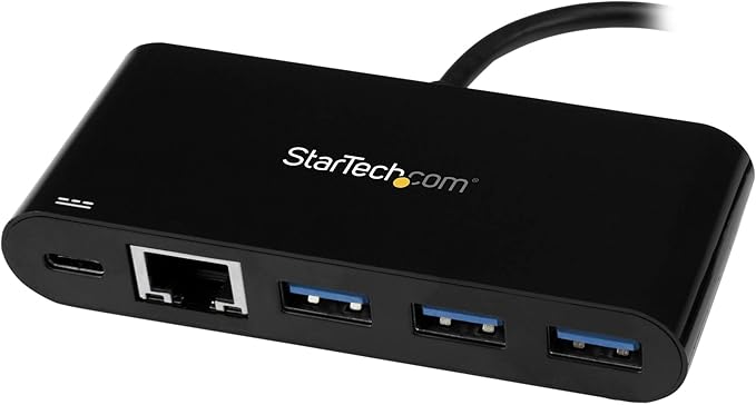 StarTech.com 3 Port USB-C Hub with Gigabit Ethernet &amp 60W Power Delivery Passthrough Laptop Charging - USB-C to 3x USB-A (USB 3.0 SuperSpeed 5Gbps) - USB 3.1/3.2 Gen 1 Type-C Adapter Hub (HB30C3AG