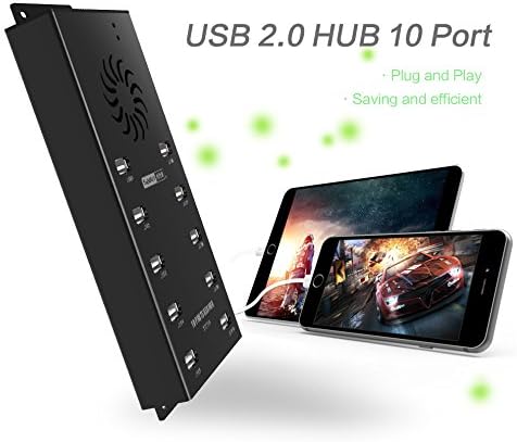USB Hub Sipolar 10-Port Powered USB Data Hub with LED Indication Multiple USB Port Hub Splitter with 12V 10A Power Adapter Cooling Fan and Mounting Brackets