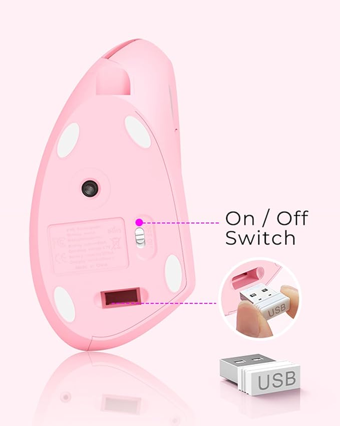 Lekvey Ergonomic Mouse Vertical Wireless Mouse Rechargeable 2.4 GHz USB Optical Carpal Tunnel Mice : 800/1200 / 1600 DPI 6 Buttons for Laptop PC Mac Computer Desktop Notebook etc Pink