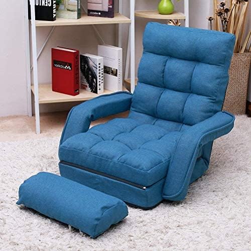 Folding Lazy Sofa Floor Chair Aprox Sofa Lounger Bed Padded Gaming Chair with Armrests and Pillow for Living Room Games &amp Reading (Blue)