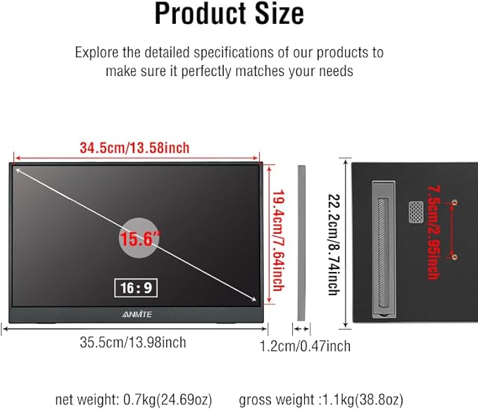 15.6-inch Portable Monitor IPS Screen FHD 1080P USB-C/HDMI External Monitor with Built-in Speakers Compatible with Laptops Phones PS5 Xbox Switch