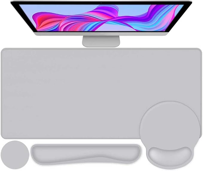 4 PCS Mouse Pad Desk Mat Protector Keyboard Wrist Rest + Comfortable Mouse Pad with Wrist Rest +Coaster Large Gaming Mousepad for Computer Laptop 35.4X 15.7 Deskpad for Office Home I Light Gray