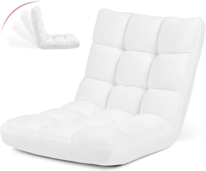GOFLAME 14-Position Folding Floor Chair Padded Gaming Lazy Sofa Chair with Adjustable Backrest Couch Recliner Sleeper Bed Lounge Chair for Reading Gaming Meditating (White)