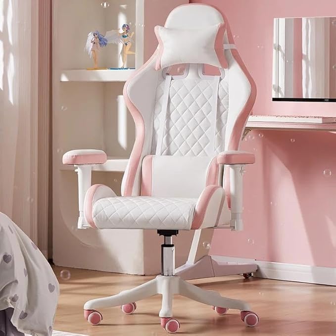 Computer Chair Chairs Pink Gaming Chair Ergonomic Leather Chair Girls Home Office Comfortable Game Swivel Chair Gamer Live Computer Chair(E+No Pedal)