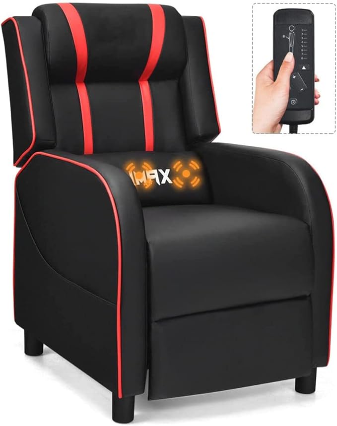 8AM Office Gaming Massage Recliner Sofa Ergonomic PU Leather Gaming Recliner Sofa with Footrest Lumber Support Side Pouch &amp Remote Control for Gaming Living Room Theater (Red)