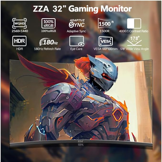 ZZA 32 Inch Curved Monitor1440p VA Screen 165Hz 1500R Curved Gming MonitorComputer Monitor 1msFreeSync &amp G-Sync HDR10 120% sRGB Coverage DP/HDMI PC Monitor VESA Mount Compatible