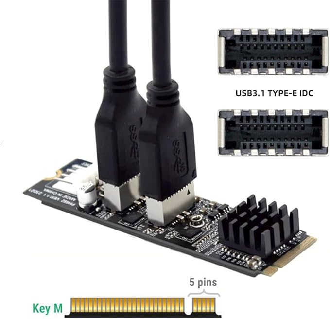 Xiwai 5Gbps USB 3.1 Type-E to USB 3.0 19/20Pin Dual Ports Splitter HUB 10Gbps USB 3.1 Type-E Front Panel Socket to NVME NGFF M-Key Express Card Adapter for Motherboard (NVME to USB3.1 Type-E+Type-E)