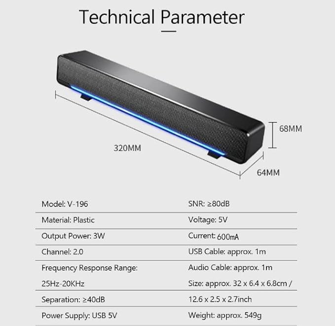 Wendry Computer Speakers3.5mm Computer Sound Bass Surround Sound BoxUSB Powered Portable Soundbar with 3D Stereo Sound and LED Breathing Light