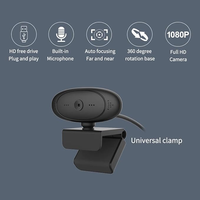 1080P HD Computer Camera Video Conference Camera Webcam 2 Pixel Auto Focus 360° Rotation USB Plug &amp Play with Microphone for Video Meeting Online Teaching Training Live Webcasting