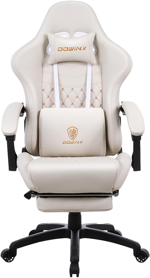 Dowinx Gaming Chair Big and Tall Ergonomic Game Chair for Adults with Footrest and Massage Lumbar Support High Back Computer Gamer Chair PU Leather 350Lbs for Office Home Ivory