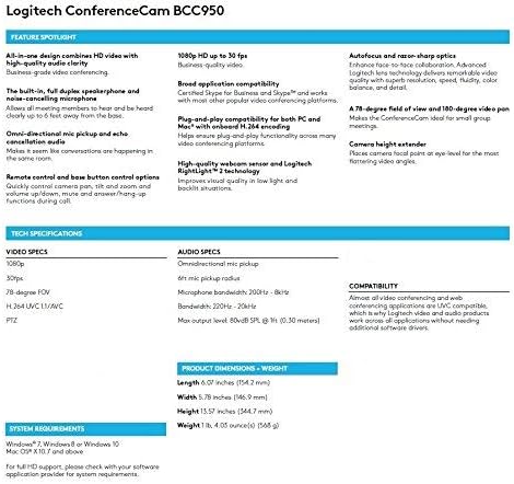 Logitech Conference Cam BCC950 Video Conference Webcam HD 1080p Camera with Built-In Speakerphone (Renewed)