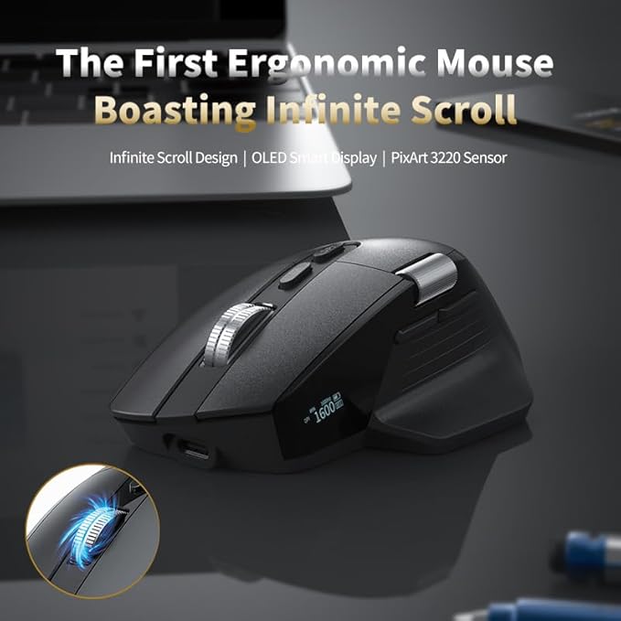 Ergonomic Wireless Mouse with Infinite Scroll &amp Side Scroll PixArt 3220 Sensor Bluetooth &amp 2.4G Rechargeable Office Mouse Multi-Connection OLED Display 700mAh Battery for Laptop PC Mac