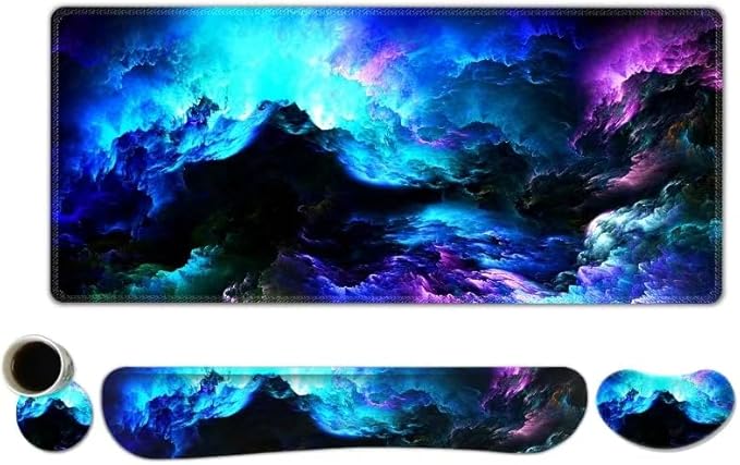 AIMSA Keyboard Mouse Pad Wrist Rest Set Extended Desk Mat+ Ergonomic Mouse Pad with Wrist Rest+ Keyboard Wrist Support+ Coaster 35x15.7in Large Mousepad for Home Office Nebula Galaxy