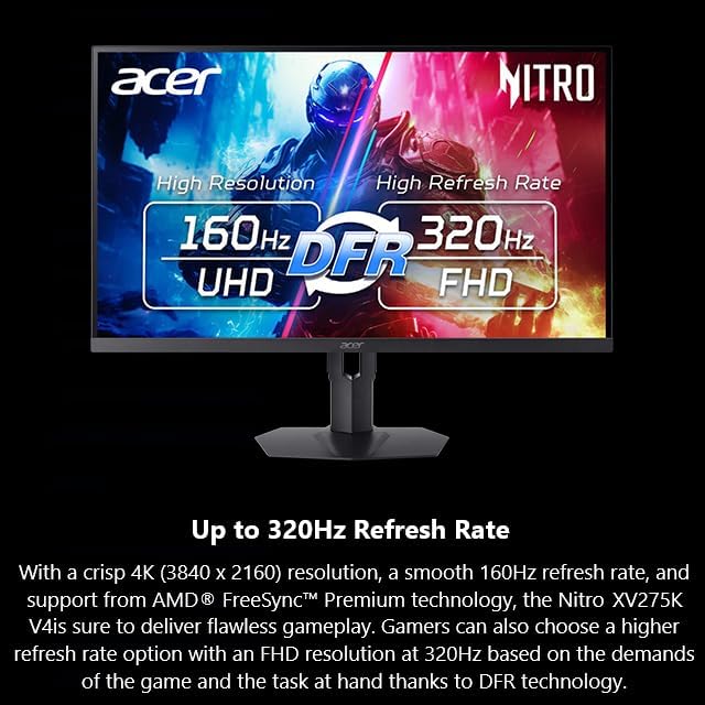 Acer Nitro 27” 4K UHD 3840 x 2160 Gaming IPS MiniLED Monitor | AMD FreeSync Premium | 160Hz Refresh Rate to FHD 320Hz (DFR) | Up to 0.5ms | 1 x Display Port 1.4 &amp 2 x HDMI 2.1 Ports | XV275K V3bii