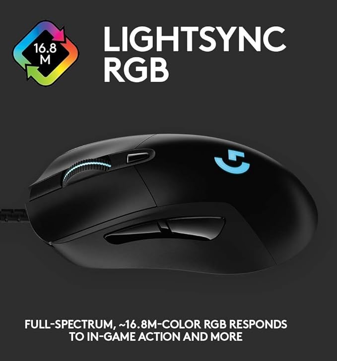Logitech G403 Hero 25K Gaming Mouse Lightsync RGB Lightweight 87G+10G Optional Braided Cable 25 600 DPI Rubber Side Grips Black