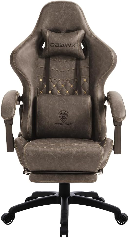 Dowinx Gaming Chair Big and Tall Ergonomic Game Chair for Adults with Footrest and Massage Lumbar Support High Back Computer Gamer Chair PU Leather 350Lbs for Office Home Brown