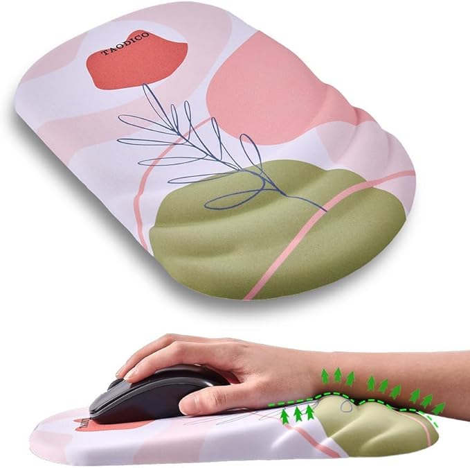 Ergonomic Mouse Pad with Wrist Rest Milk Silk Fabric Durable Silicone Filling Non-Slip Pu Base Massage Design Pain Relief Mousepad for Wireless Mouse and Desk 12x8inch Pink Tulip