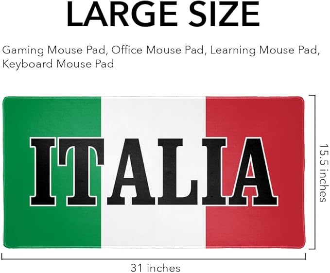 Italia Italy Italian Flag Large Gaming Mouse Pad Desk Mat with Stitched Edges Non-Slip Base for Gamer Home and Office