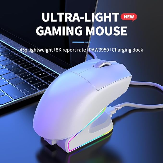 Tri-Mode Wireless Gaming Mouse with RGB Charging Dock 45g Ultra-Light PAW3311 Sensor 12000 DPI 2.4G Dongle + Bluetooth + USB-C Wired 1K Polling Rate Programmable Gaming Mouse for PC Mac Laptop