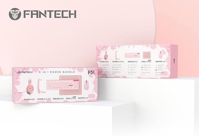 FANTECH Wired Gaming Keyboard and Mouse Set Over-Ear Headphone and Headset Stand Gaming Mouse Pad Wired RGB Rainbow Mice PC Beginner Gamer Basic 5 in-1 forPCLaptopXbox Pink