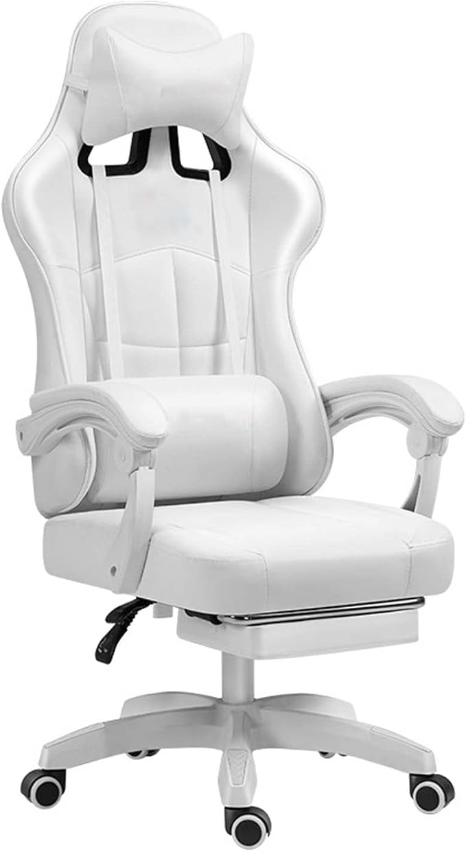Ergonomic Gaming Chair Comfortable Gaming Chair with Footrest Computer Chair Adjustable Swivel Gaming Office Chair with Lumbar Support White