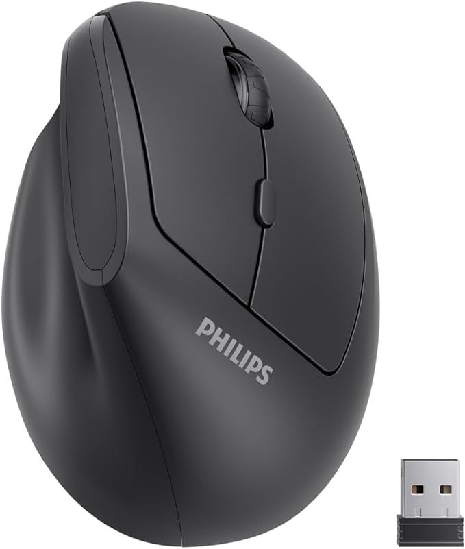 Philips Ergonomic Mouse - Vertical Mouse with 800/1200/1600 Adjustable DPI 6 Silent Buttons Design for S/M Hands Auto Power Saving Light Weight 2.4GHz Wireless Mouse for Laptop Desktop PC-Black