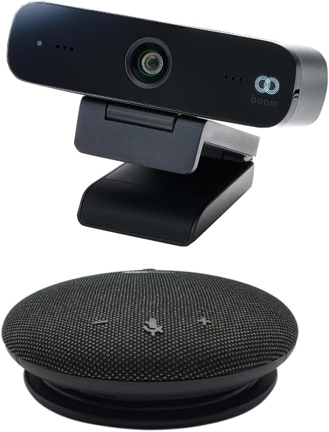 Boom Work from Home Kit | MINI 1080p Webcam (90° Wide Angle Advanced Focus Low Light USB Plug &amp Play) + Giro Speakerphone (360° Mic Full-Duplex HD Audio Bluetooth/USB) for Zoom/Teams