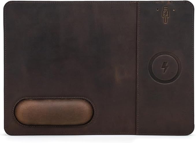 Hiram Premium Crazy Horse Leather Mouse Pad with 15W Wireless Charging - Ergonomic Wrist Rest Waterproof and High-End Cowhide Touch(12in x 9in)