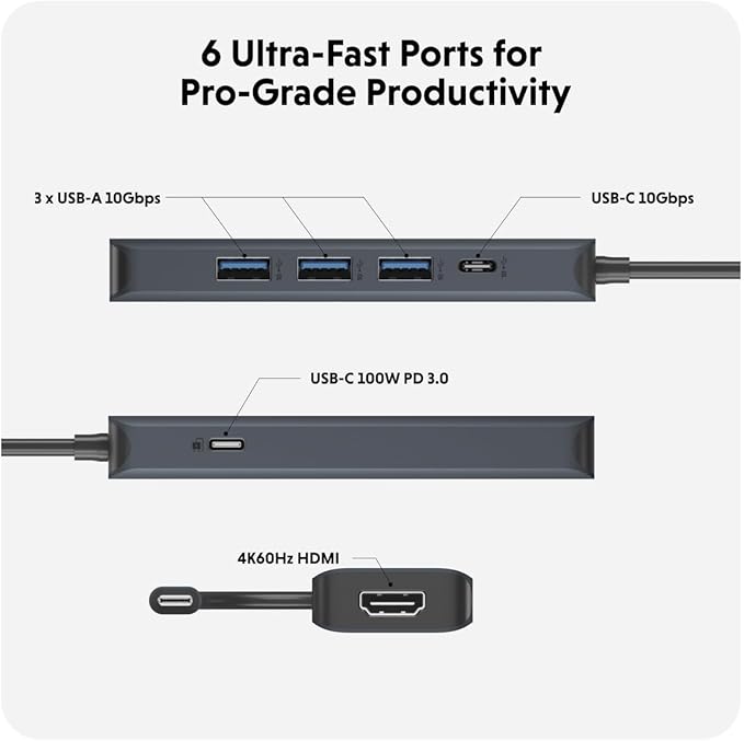 HyperDrive Next 6 Port USB Hub – USB C to HDMI 4K60Hz Display 10Gbps Data Transfer 100W Power Delivery Charging 3X USB-A — Compatible w/MacBook Pro MacBook Air PC and Chromebook