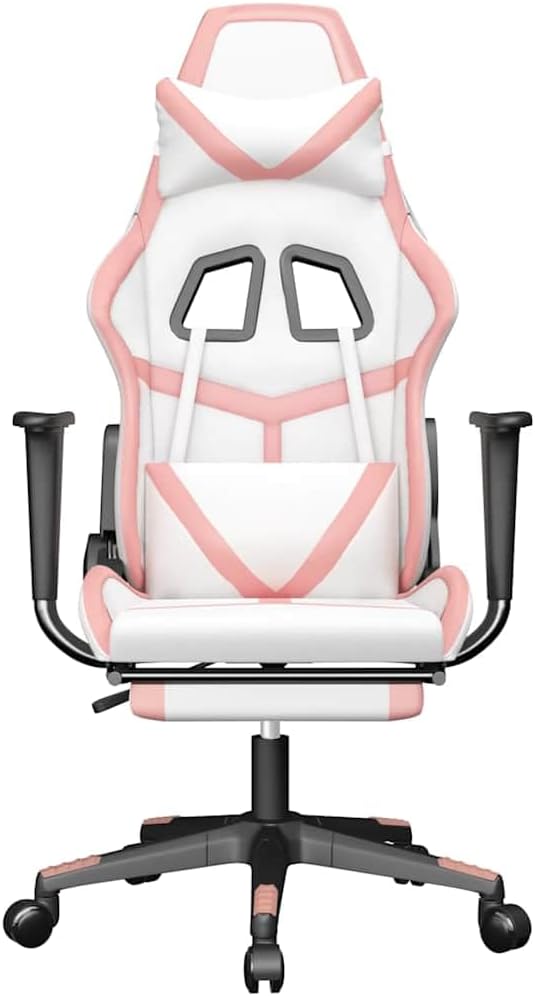 White and Pink Faux Leather Gaming Chair Ergonomic Massage Computer Desk Chair with Footrest Adjustable Armrests Reclining Backrest for Home Office 25.2 W