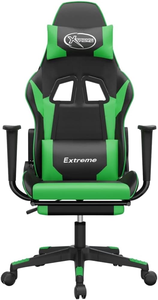 SKM Gaming Chair with Footrest Black and Green Faux Leather (16.6 KG/36.52 LBS)