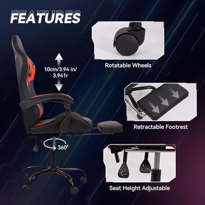 Ergonomic Gaming Chair with RGB Lighting - PU Leather &amp Adjustable Armrests 300lbs+ Capacity Remote Control LED Strips Aluminum Structure Computer Chair for Home Office (Black and Red)