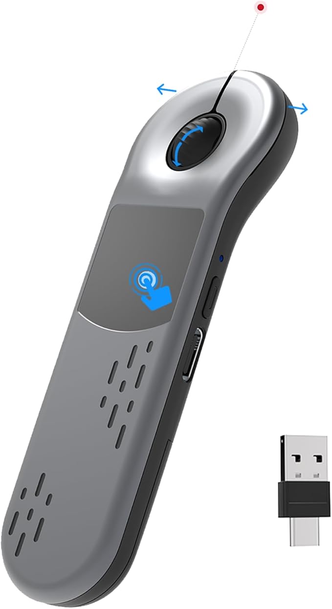 Rechargeable Air Mouse for PC/iOS/Android with Touchpad Wireless PPT Presenter with Bluetooth 2.4G Works with PowerPoint/Keynote/TikTok/Camera/Kindle App (Silver)