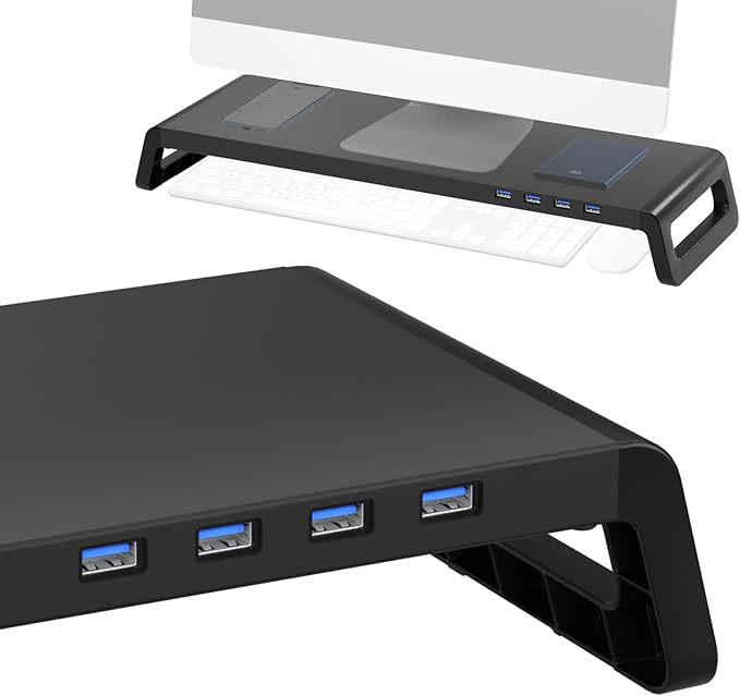 Monitor Stand Riser for Desk 4 USB 3.0 Hub Desk Monitor Riser Laptop Riser Stand20.6*6.8Inch (USB 3.0 Balck)