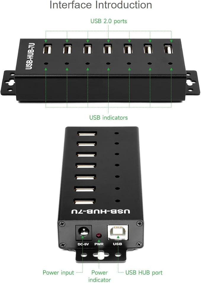 Waveshare Industrial Grade USB HUB Extending 7X USB 2.0 Ports Industrial-Grade Materials Stable and Reliable Performance Rugged &amp Durable with A Variety of Protective Functions