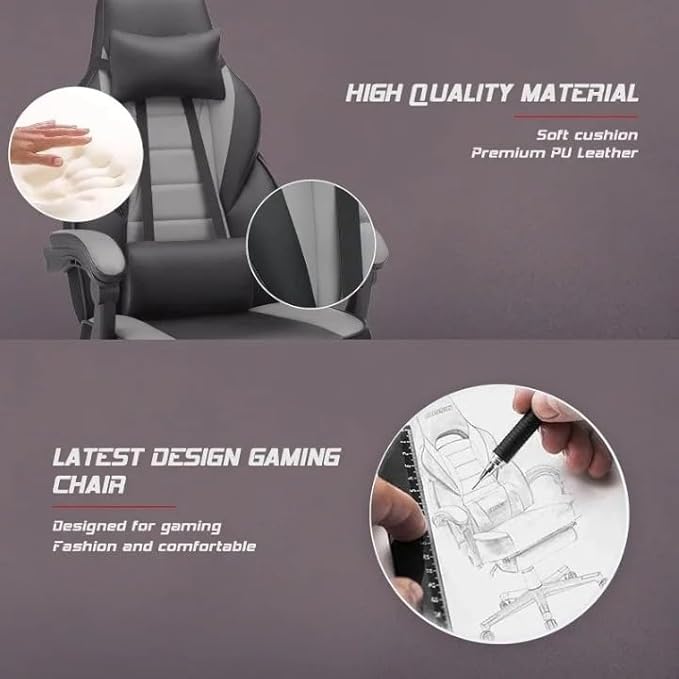 Generic Gaming Chair with Massage Function Ergonomic Design Footrest and Lumbar Support Large Cushion Size (Light Gray) 24* x 27.2* x 52.9*