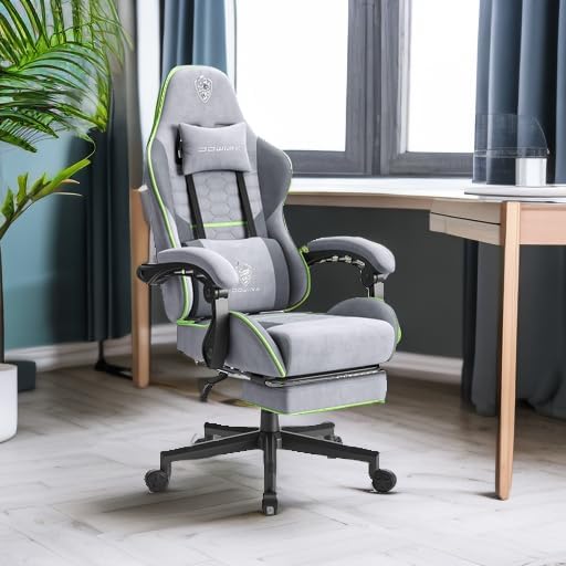 Dowinx Gaming Chair Fabric with Pocket Spring Cushion Massage Game Chair Cloth with Headrest Ergonomic Computer Chair with Footrest 290LBS Light Grey