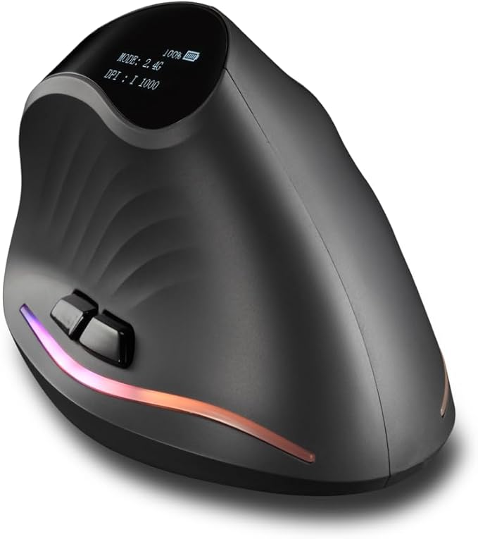 zelotes Bluetooth Wireless Vertical Mouse with DisplayRechargeableDual Mode (BT 5.0/3.0 + 2.4G USB Receiver)4000 DPI(5-Level Adjustable)Optical Portable Ergonomic Mouse for PCLaptopTabletsBlack