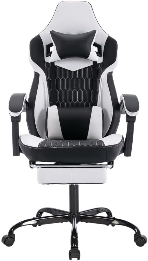 High Back Gaming Chair with Footrest PVC Leather Ergonomic Office Gamer Chair 90°-135° Recline 360° Swivel Headrest &amp Lumbar Support