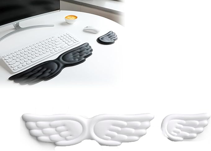 Angel Wing Wrist Rest Set Ergonomic Memory Foam Keyboard and Mouse Pad Support Anti-Slip Waterproof PU Leather Wrist Cushion for Carpal Pain Relief Aesthetic Desk Decor for Office Gaming (#H)
