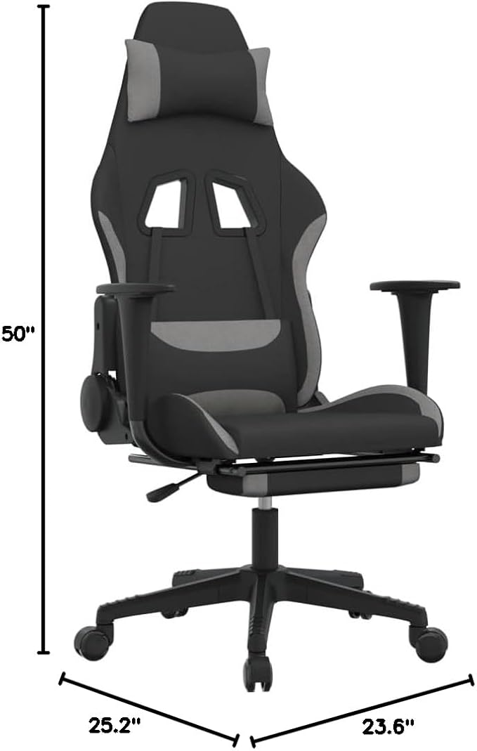 Massage Gaming Chair with Footrest Black and Light Gray Fabric