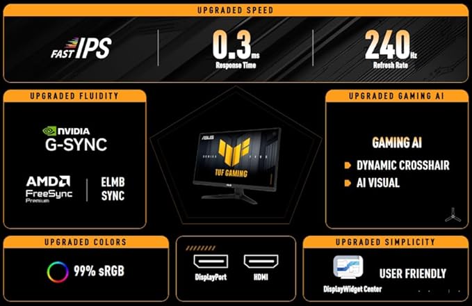 ASUS TUF Gaming 27 FHD Monitor 240Hz 0.3ms Fast IPS G-SYNC Compatible FreeSync Premium Extreme Low Motion Blur Sync 99% sRGB DisplayPort&amp 2 x HDMI Tilt Adjustment Gaming AI Black